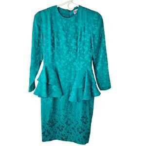 VTG 1980s Papell Petites jade green silk dress peplum size 2p